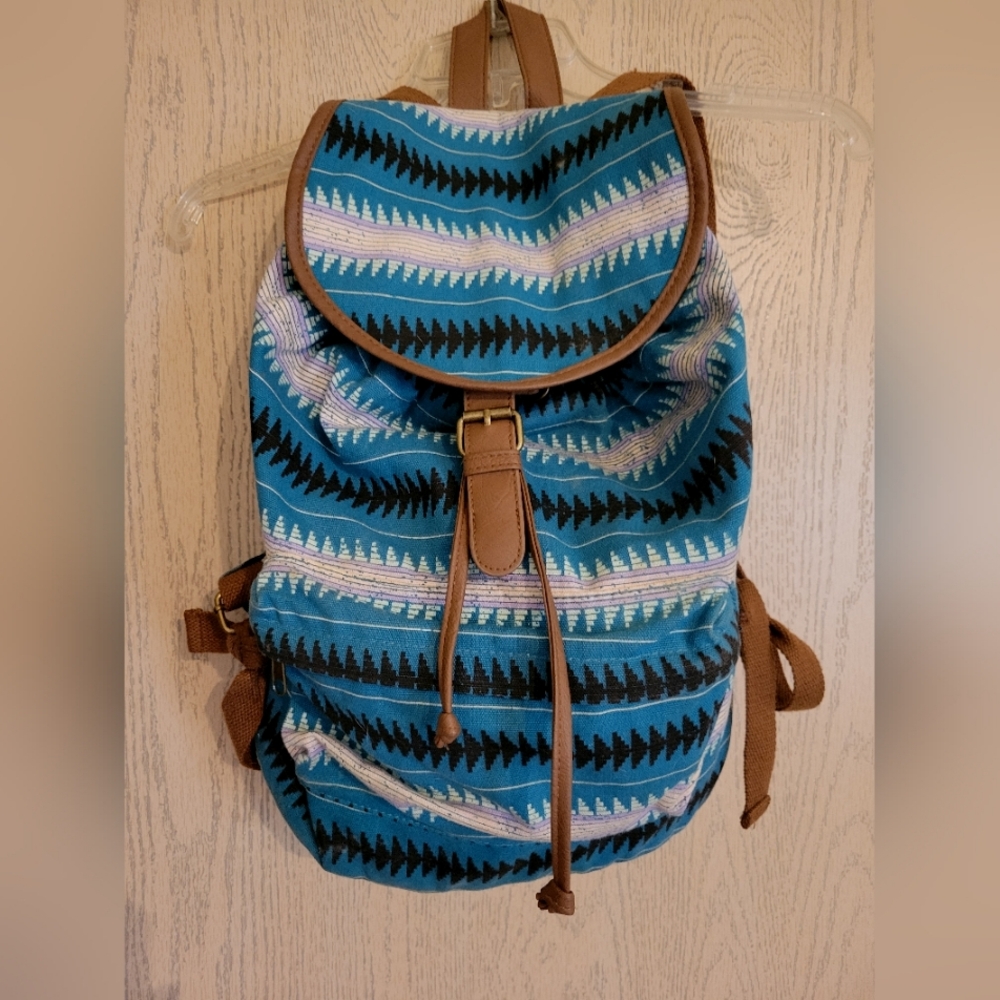 Mudd Teal Aztec Pattern Canvas Backpack with Brown Trim